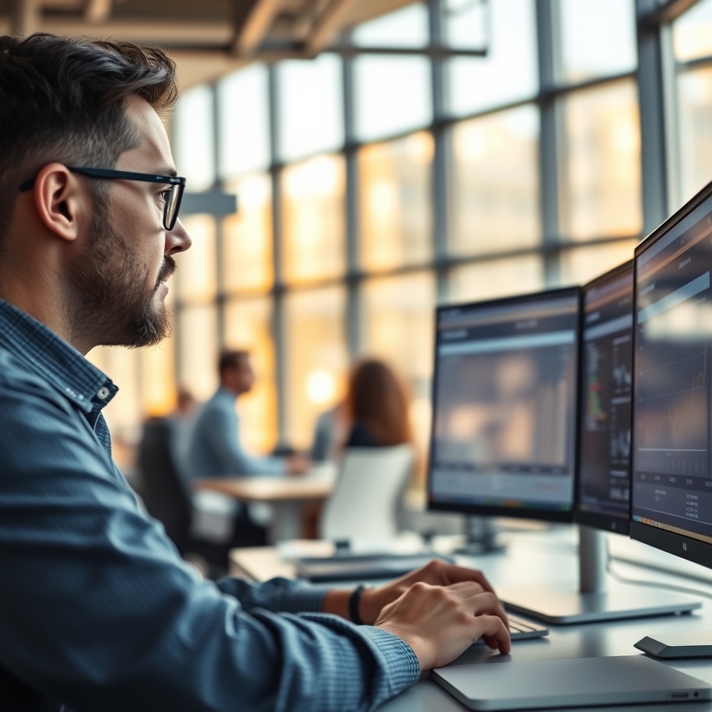 A software engineer in their late thirties reviewing deployment metrics on dual monitors in a modern open-plan tech offi
