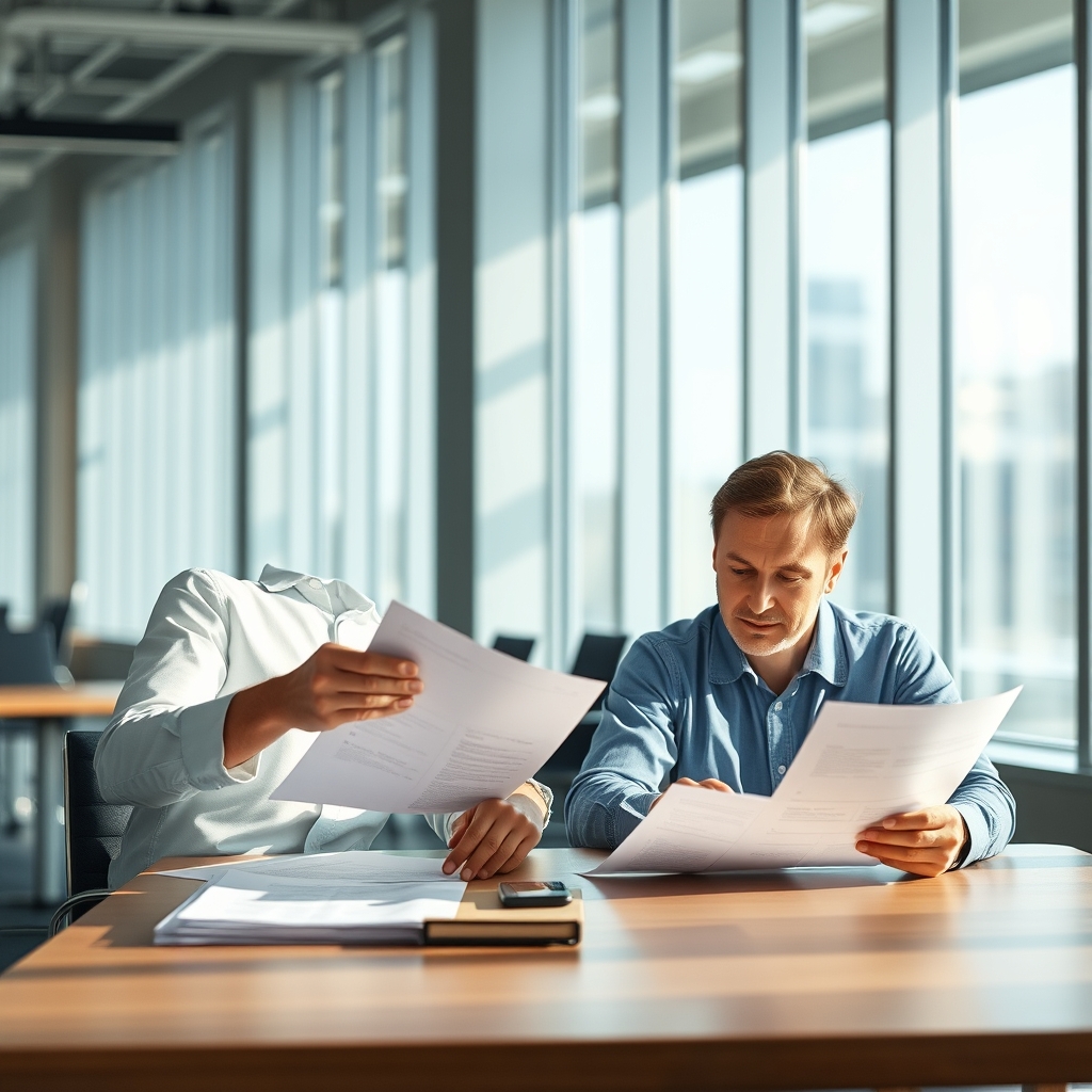 Two engineers sitting side by side at a conference room table, reviewing printed documents together, natural light from