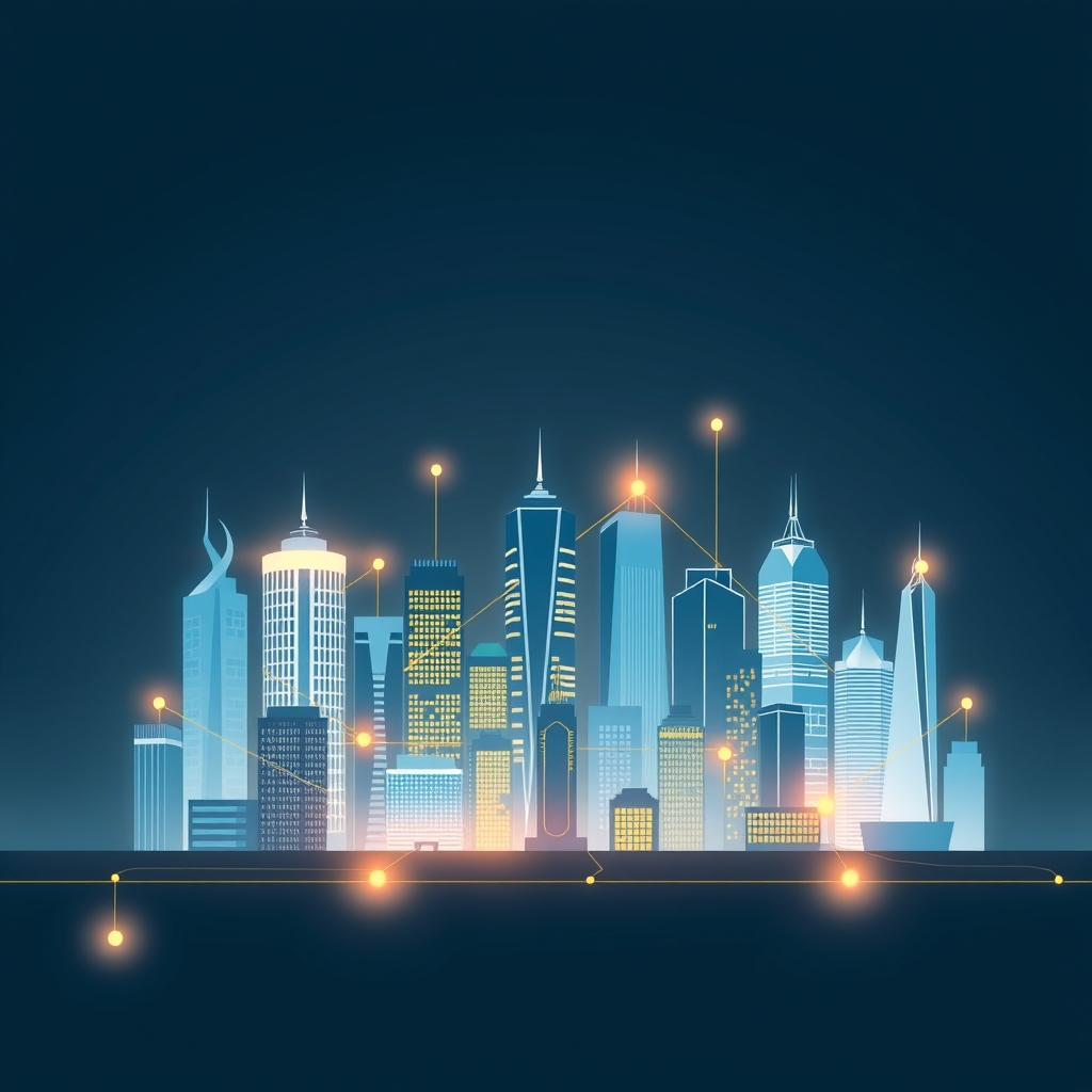 A stylized visualization of multiple corporate headquarters and iconic office buildings from around the world arranged i