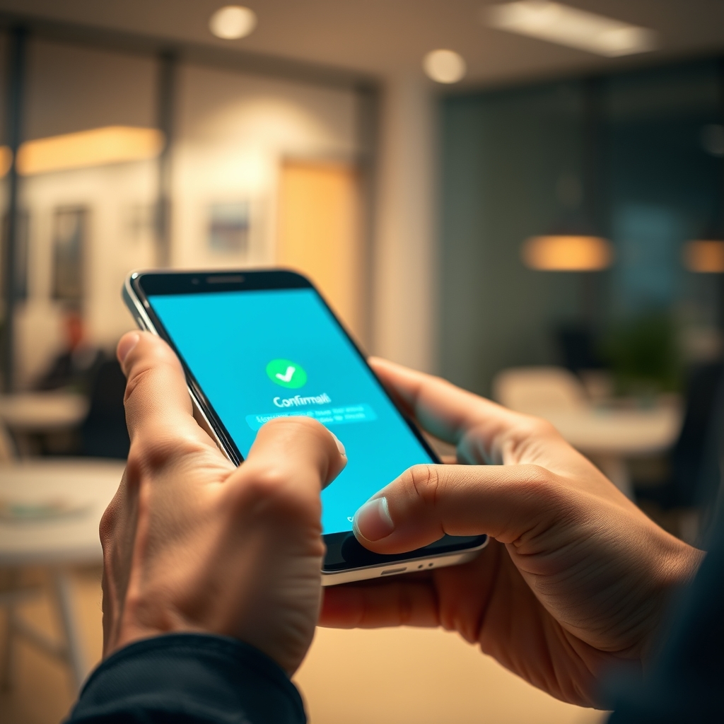 Close-up of a person's hands cradling a smartphone with a glowing green confirmation indicator on screen, soft warm indo