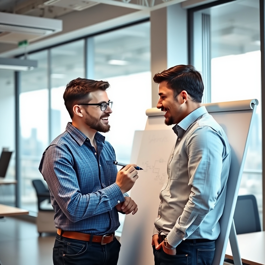 Two engineers in an animated discussion at a whiteboard in a bright collaborative tech office, one sketching a system ar