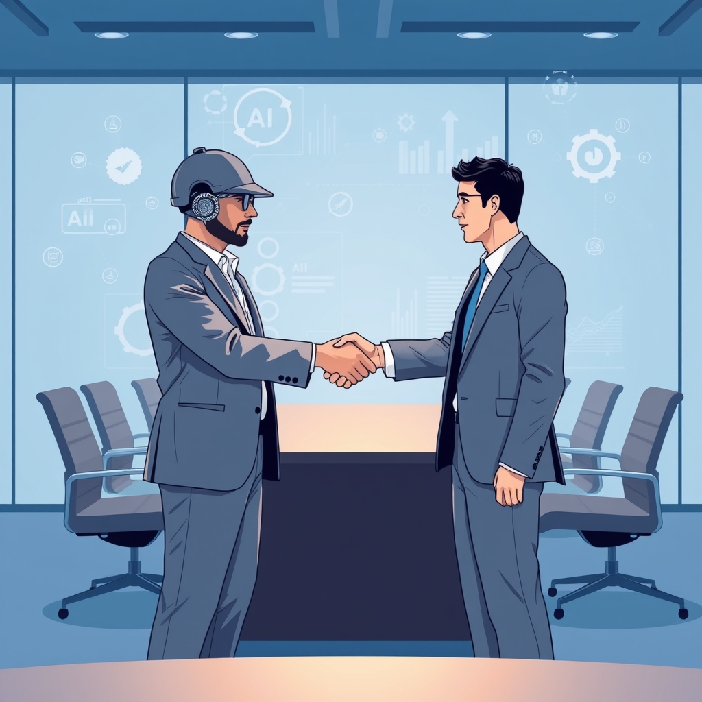 A handshake between a forward-deployed engineer and a corporate executive in a modern conference room, with AI-related v