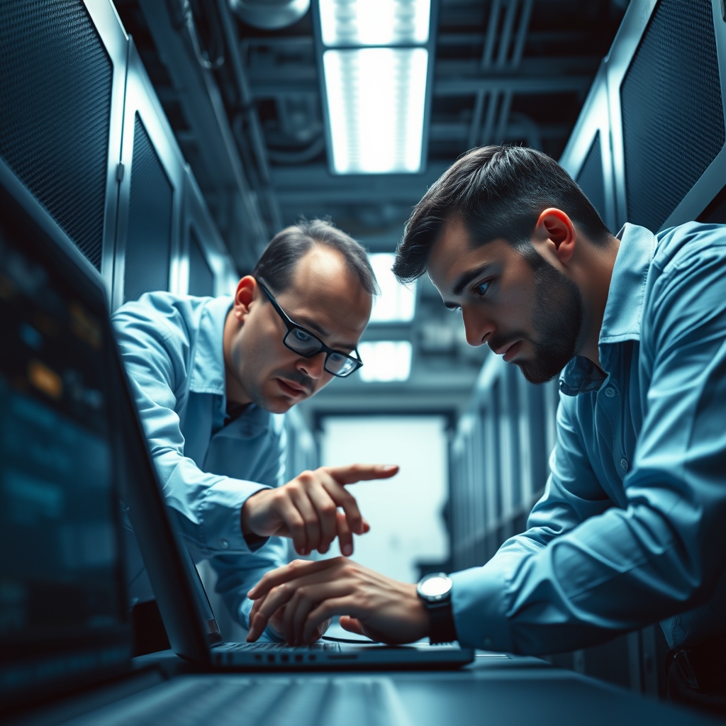 Two engineers bent over a laptop in a server room, one pointing to a terminal screen, industrial overhead lighting, clos