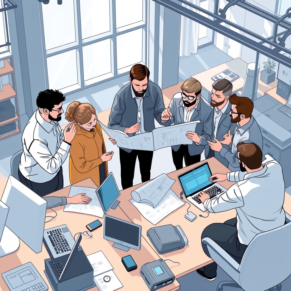 A diverse team of engineers from different backgrounds gathered around a collaborative workspace, examining blueprints a