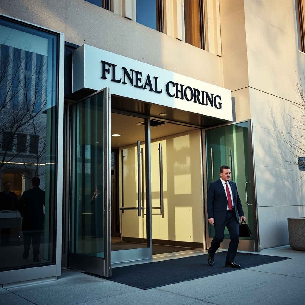 The exterior of a federal government office building on a clear morning, suited officials entering through wide glass do