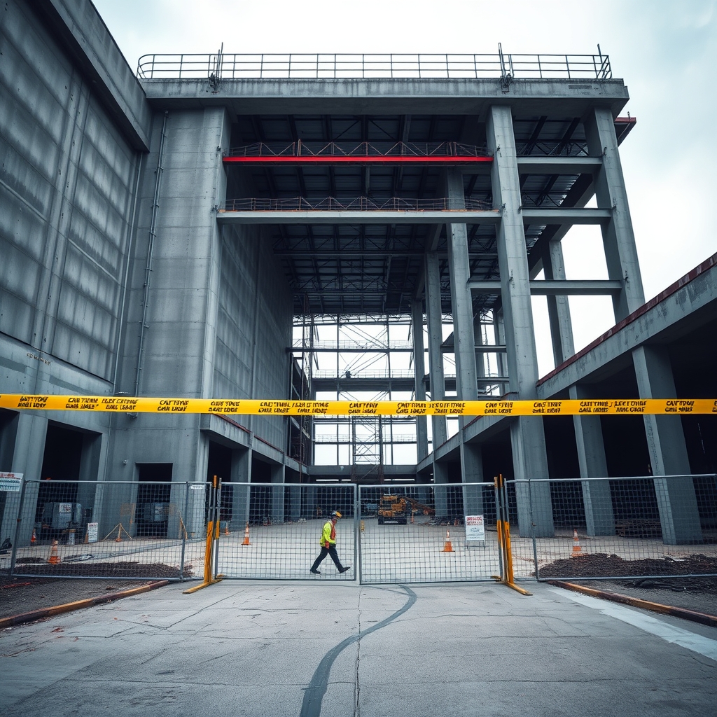Wide-angle photojournalist shot of a large industrial construction site completely paused — massive concrete foundations