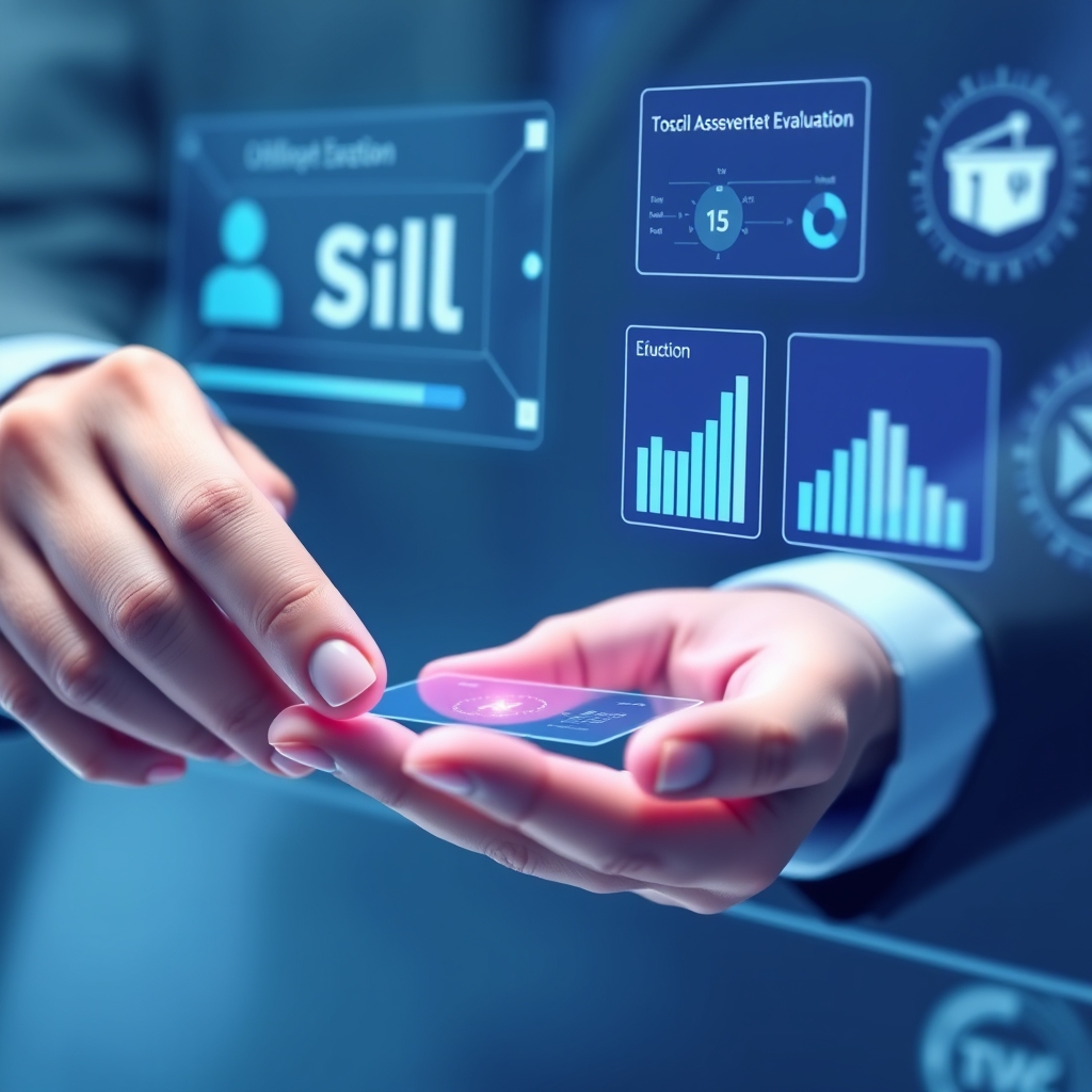 A close-up of a professional's hands interacting with an AI interface showing skill assessments and competency visualiza