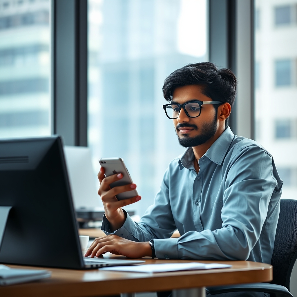 A young Indian software engineer at her desk in a modern US office building, holding her phone and reviewing a money tra