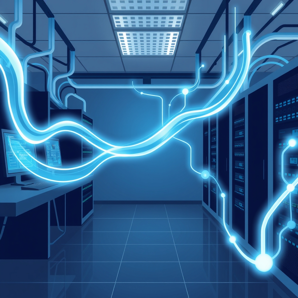 A technical server room or lab space with cascading data flows represented as luminous streams moving between machines,
