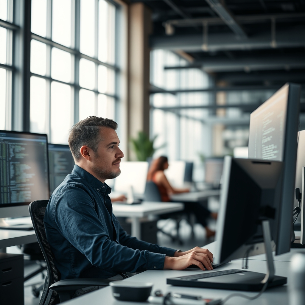 A senior software engineer sitting at a workstation in a modern open-plan tech office, reviewing code on a large monitor
