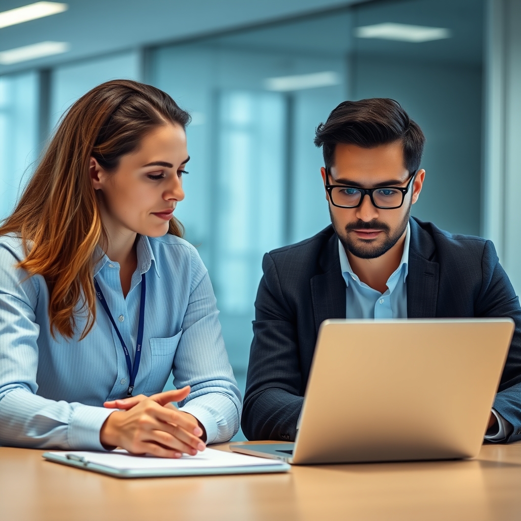A recruiter and engineering manager reviewing candidate profiles side by side on a laptop in a quiet glass-walled confer