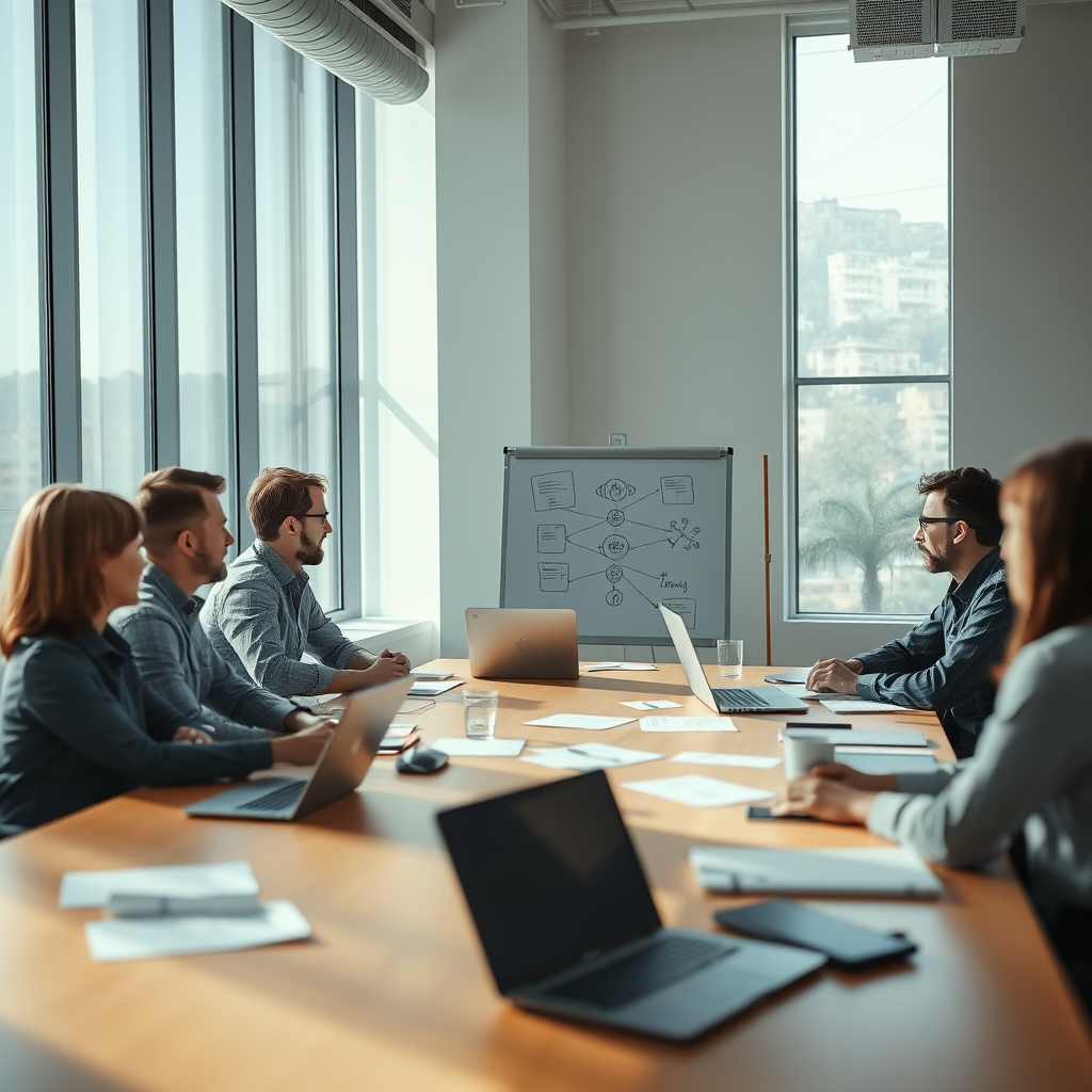 A group of software engineers sitting around a large table in a sunlit conference room, papers and laptops spread out, o