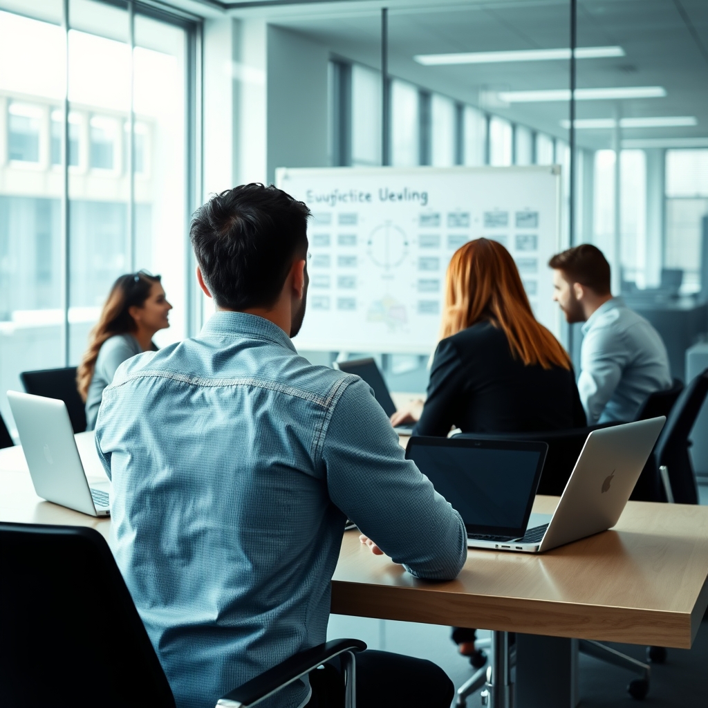 A software engineer sitting across a conference table from a client team in a glass-walled room, laptops open, reviewing