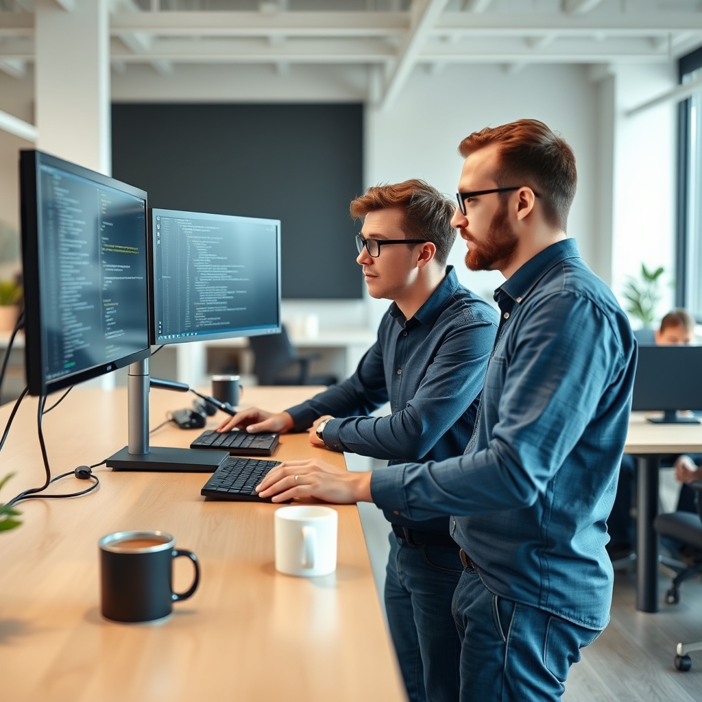 Two engineers working side by side at a standing desk in a bright, modern co-working space, reviewing code on dual monit