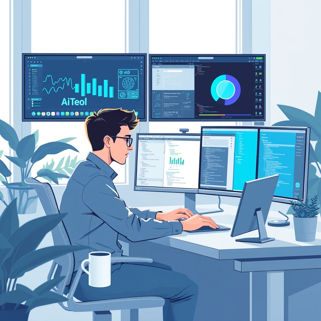 A desk workspace showing a young engineer collaborating with AI tools on multiple monitors, with one screen displaying d