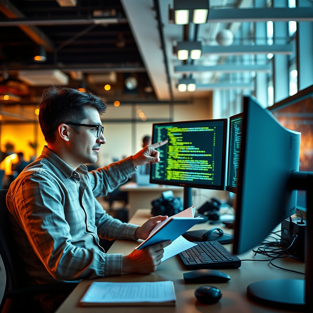 A senior engineer and a junior colleague seated side by side at a dual-monitor workstation in a modern open-plan tech of