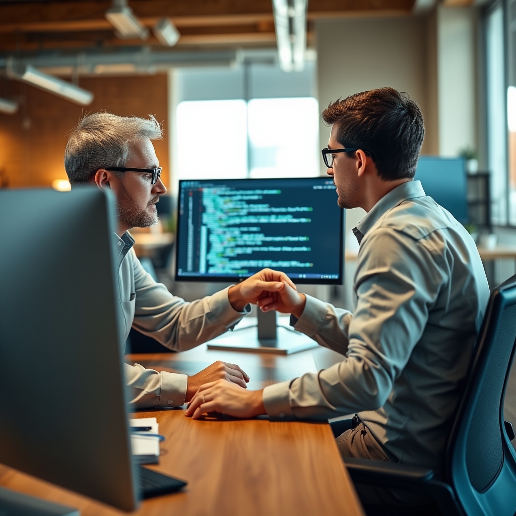 Two engineers seated side by side at a shared workstation in a warm open-plan office, one clearly senior and one junior,