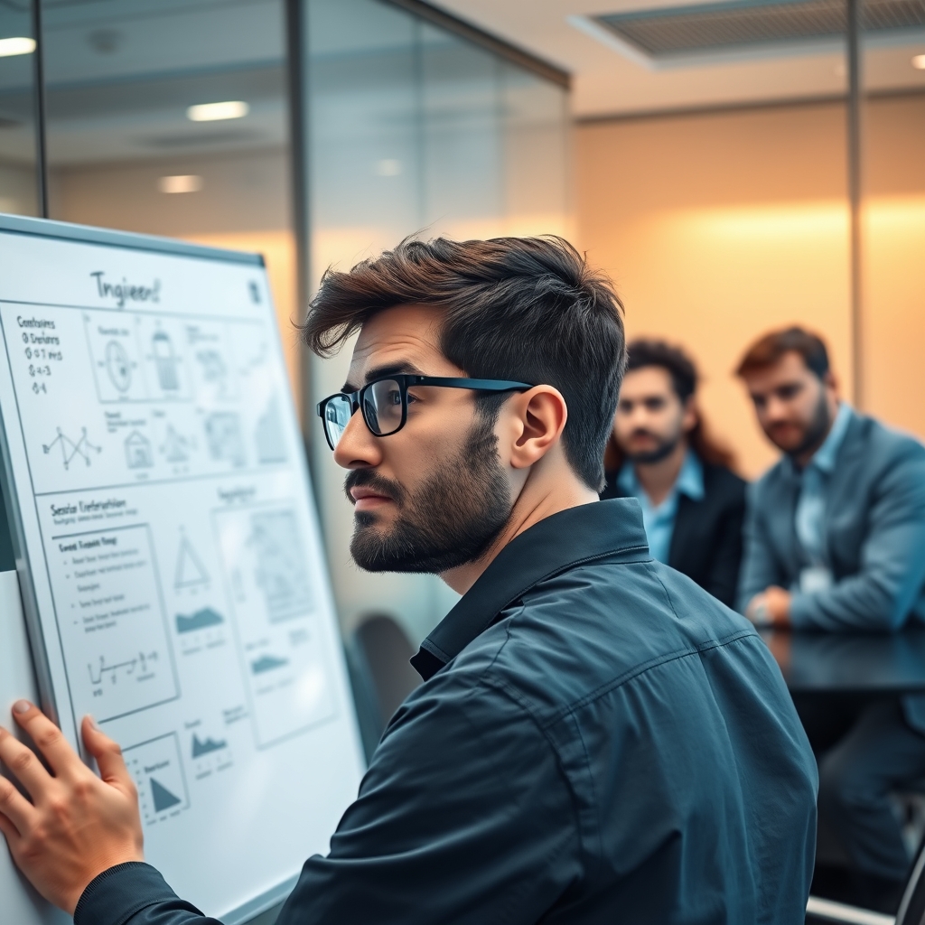 A technical interview scene showing a confident senior engineer in deep focus at a whiteboard filled with complex AI alg