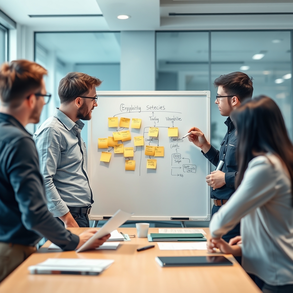 A small group of engineers gathered around a whiteboard in an informal working session, one engineer explaining a busine