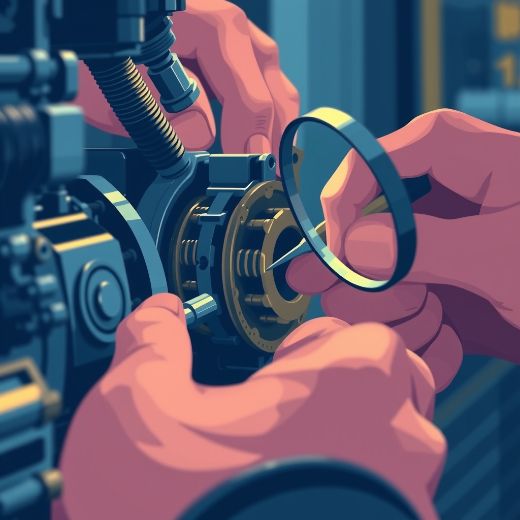 A close-up of hands carefully assembling or debugging intricate machinery with fine tools, magnifying glass visible, war