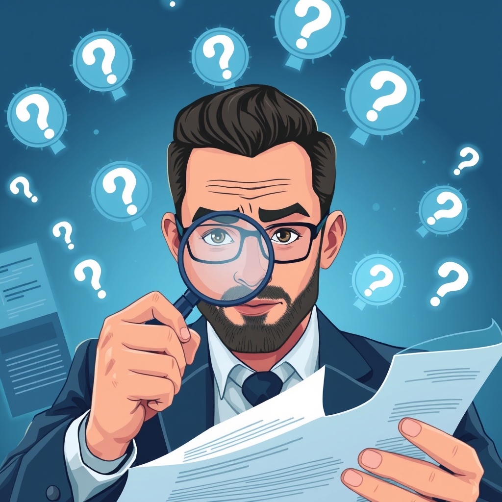 A close-up of a hiring manager or recruiter holding a resume with a magnifying glass, searching intently through papers