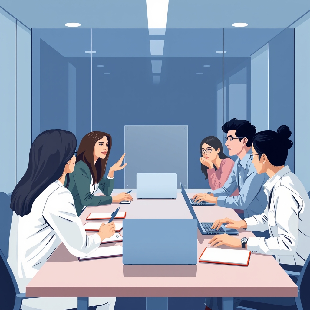 A diverse group of early-career professionals in a modern conference room engaging in a discussion or brainstorming sess