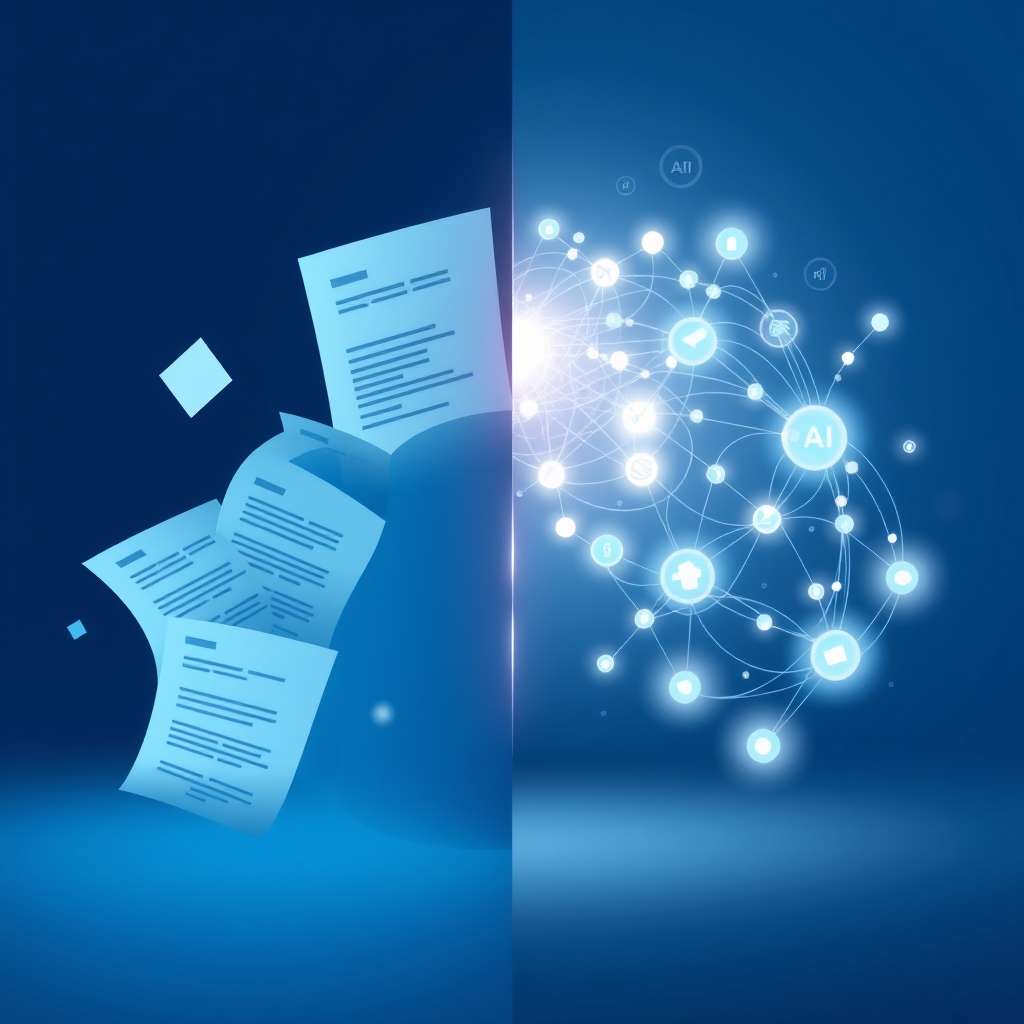 A split-screen visualization showing traditional recruitment paperwork fading on one side while on the other side a seam