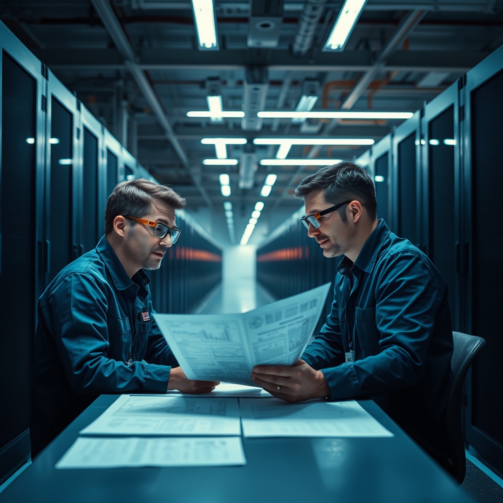 Two engineers in safety glasses seated at a workbench inside a large server room, reviewing technical schematics spread