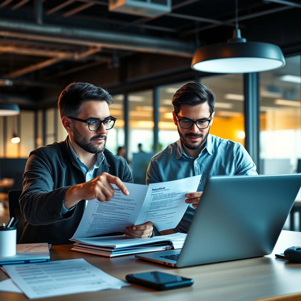 A senior engineer and a hiring manager reviewing printed resumes and a laptop screen at a desk in a modern tech office,
