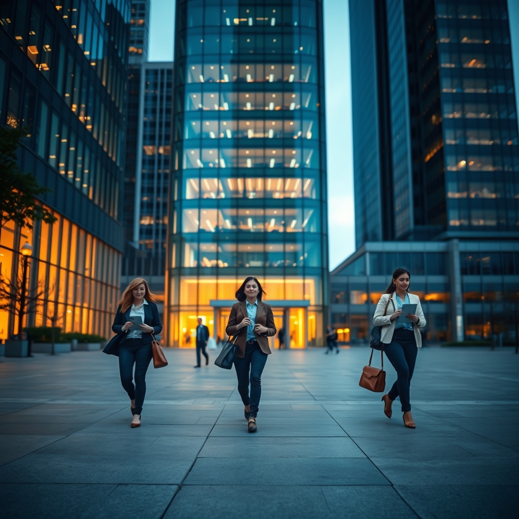 A wide urban plaza in front of a glass-tower corporate office at dusk, professionals in business casual attire walking p