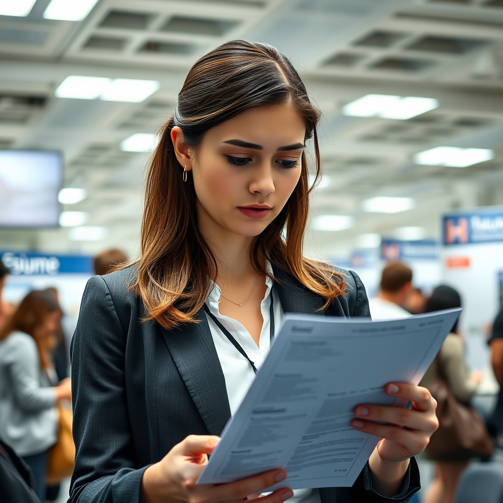 A young woman in business-casual attire carefully reviewing a printed resume at a university career fair, surrounded by