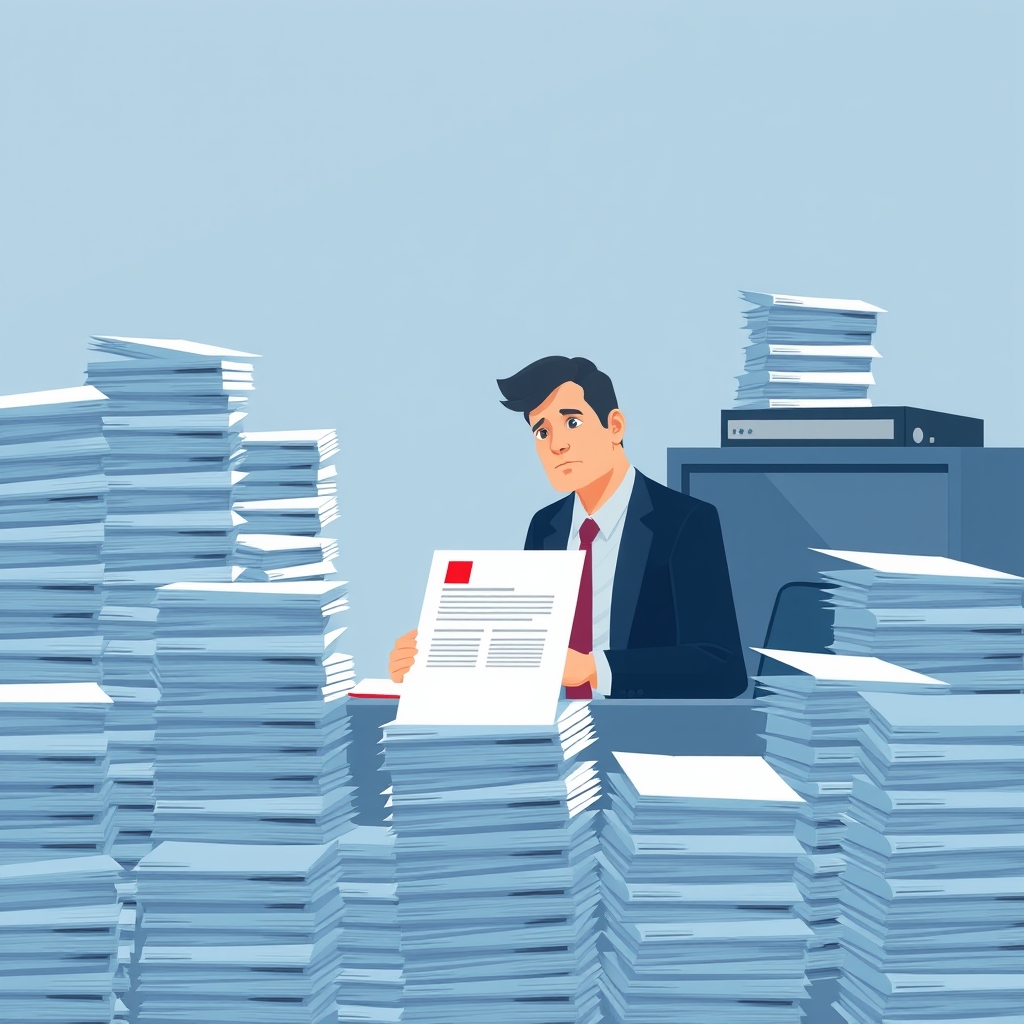 A hiring manager sitting at a desk surrounded by hundreds of identical resume papers stacked in towers, looking overwhel